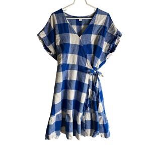 Old Navy Blue & White Check Gingham Dress Wrap Around Womens Short Sleeve Sz XL